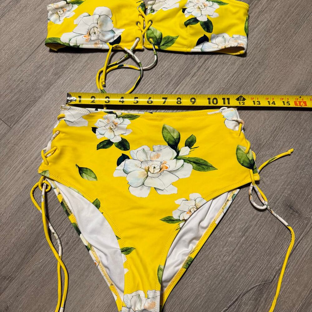 Cupshe Floral High Waist Lace-Up Bikini Set Yellow White Flowers Size M - Picture 6 of 10